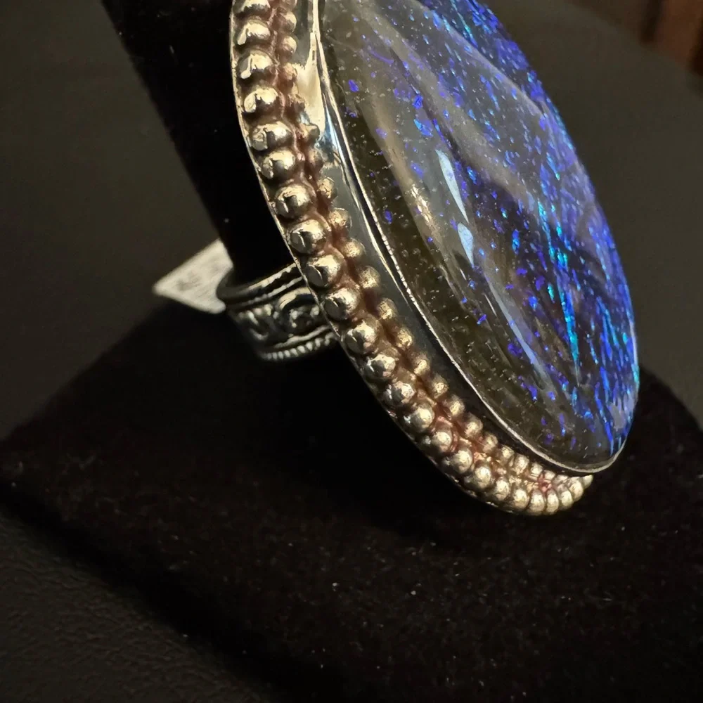 Oval Iridescent opal triplet Blue Green Ring set in‎ Sterling silver